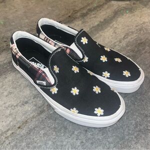 Vans Black and White Daisy Slip-Ons